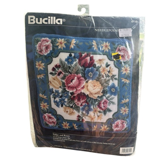 Bucilla Other - 1996 BUCILLA Needlepoint Pillow Kit  #4719 TULIPS AND ROSES  14"x14".  NEW